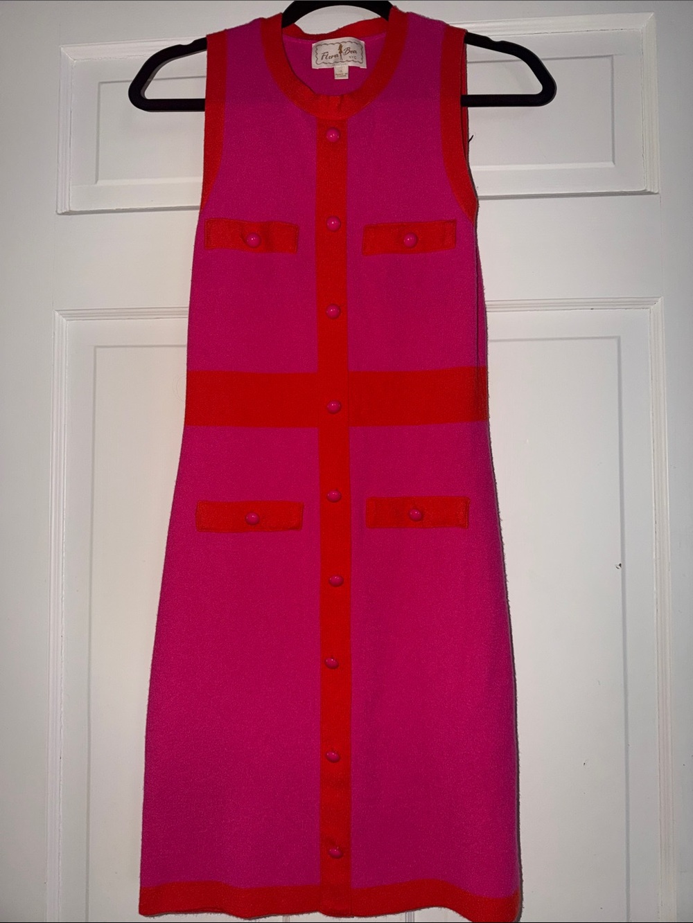 Sleeveless Pink Shift Dress with Red Trim by RARE Editions